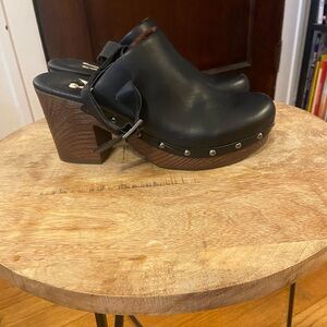 Kork-Ease Black Leather Clogs with Brown Wooden Heel
